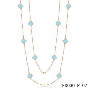 Van Cleef & Arpels Vintage Alhambra 10 Motifs Turquoise Long Necklace Pink Gold