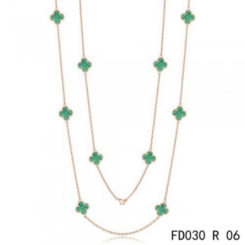 Van Cleef & Arpels Vintage Alhambra 10 Motifs Malachite Long Necklace Pink Gold